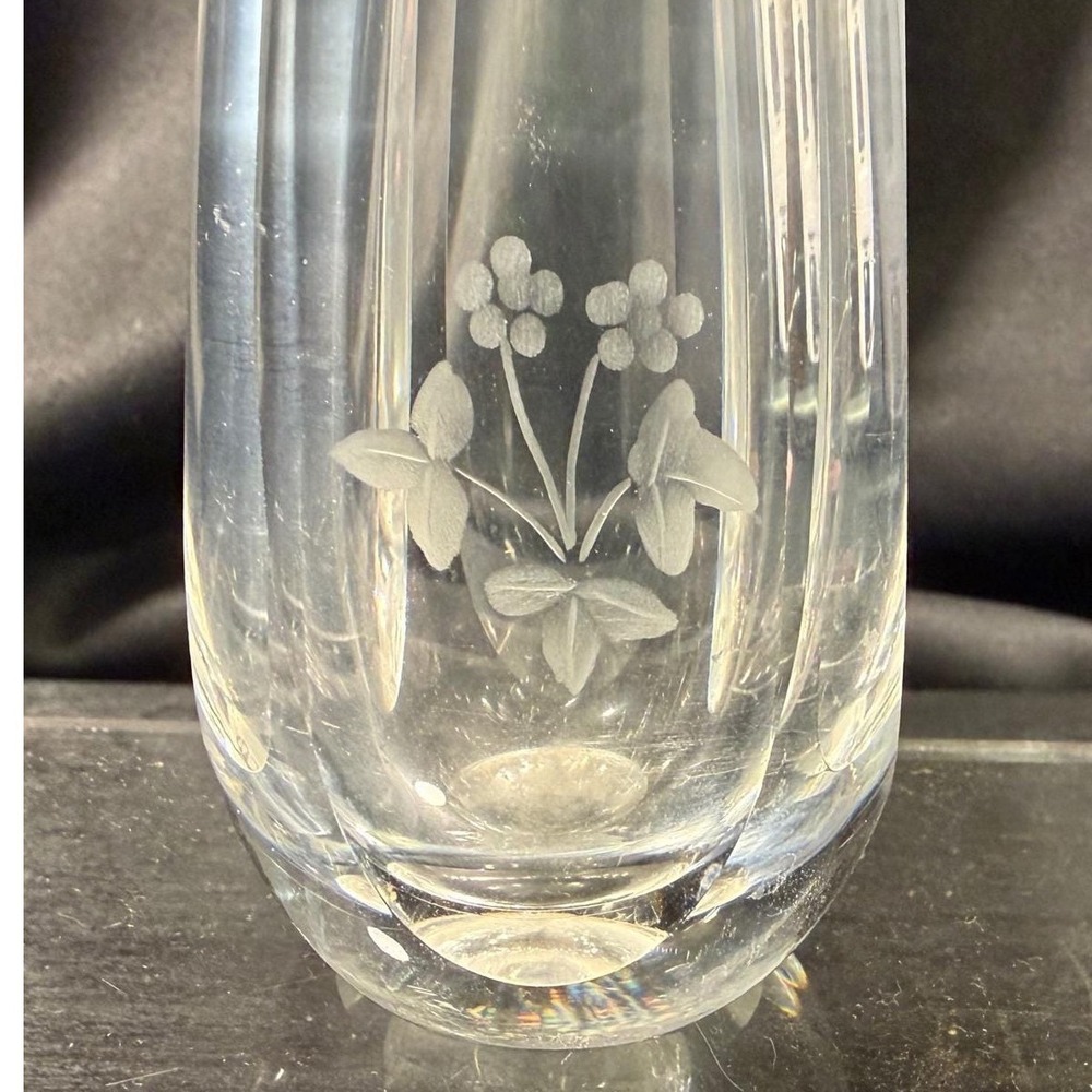 Vintage Orrefors Sweden Crystal Bud Vase 2796 Wheel Engraved Flowers Signed 5in